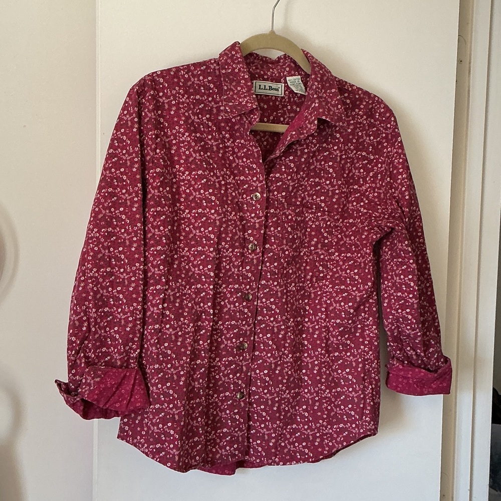 L.L. Bean Burgundy Floral Button-Up Shirt